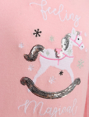Girls Xmas Unicorn Novelty Christmas Jumper in Almond Blossom - Merry Christmas Kids (4-12yrs)