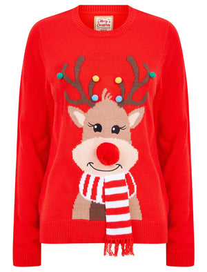 Women’s Reindeer with Scarf Motif Novelty Christmas Jumper with 3D Embellishments in High Risk Red