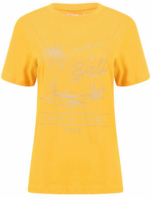 Bali Motif Cotton Crew Neck T-Shirt in Old Gold - South Shore