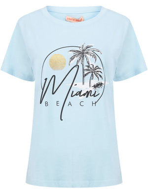 Miami Beach Motif Cotton Crew Neck T-Shirt in Corydalis Blue - South Shore