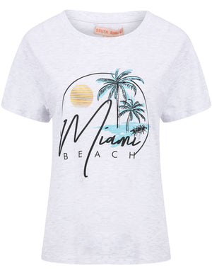 Miami Beach Motif Cotton Crew Neck T-Shirt in White Grey Marl - South Shore