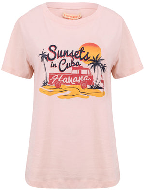 Sunsets Motif Cotton Crew Neck T-Shirt in English Rose - South Shore