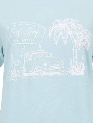 Surf Shop Motif Cotton Ringer T-Shirt in Corydalis Blue - South Shore