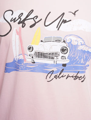 Surfs Up Motif Cotton Crew Neck T-shirt in Pink Almond Blossom - South Shore