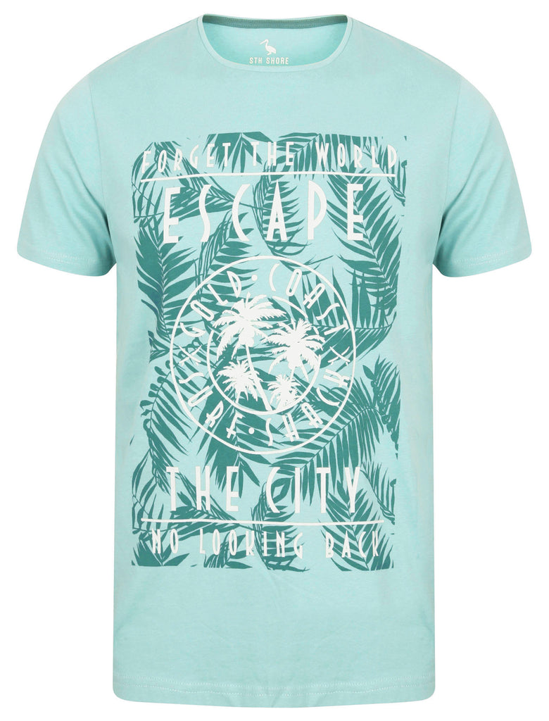 Escape The City Motif Cotton Jersey T-Shirt in Aqua Haze