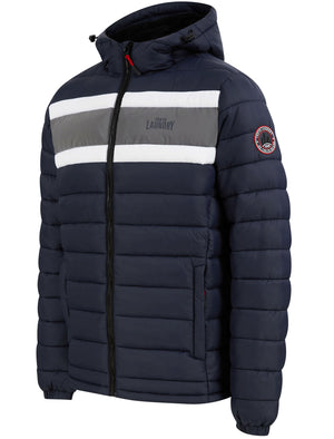 Talasi Colour Block Quilted Puffer Jacket with Fleece Lined Hood in Sky Captain Navy - Tokyo Laundry Active Tech