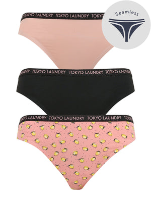 Alcora (3 Pack) No VPL Seam Free Assorted Thongs in Silver Pink / Jet Black / Silver Pink - Tokyo Laundry
