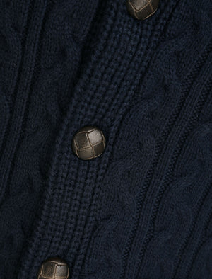 Andromeda Cable Knitted Wool Blend Cardigan with Shawl Collar In Sky Captain Navy - Tokyo Laundry
