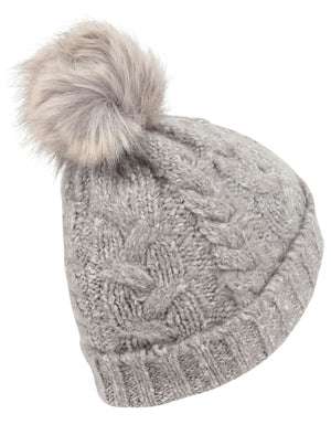 Women's Billie Cable Knit Bobble Hat with Pom Pom in Grey Marl - Tokyo Laundry