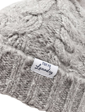 Women's Billie Cable Knit Bobble Hat with Pom Pom in Grey Marl - Tokyo Laundry