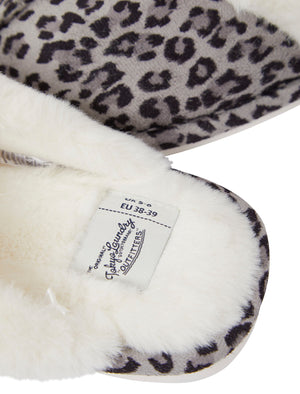 Bogota Faux Suede Mule Slippers with Faux Fur Lining & Trim in Grey Leopard - Tokyo Laundry
