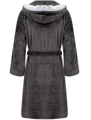 Men's Buckingham Soft Fleece Bonded Dressing Gown with Hood in Dark Grey - Tokyo Laundry