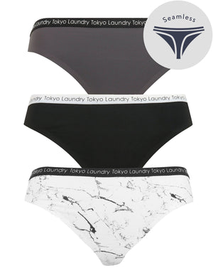 Cabo (3 Pack) No VPL Seam Free Assorted Thongs in Nine Iron / Jet Black / Optic White Marble Print - Tokyo Laundry
