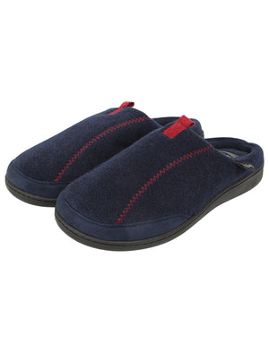 Clayed Fleece Lined Mule Slippers with Stitch Detail in Navy - Tokyo Laundry
