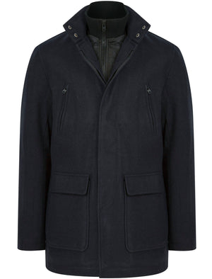 Clayne Wool Look Notch Collar Tailored Coat with Quilted Mock Insert in Navy - Tokyo Laundry