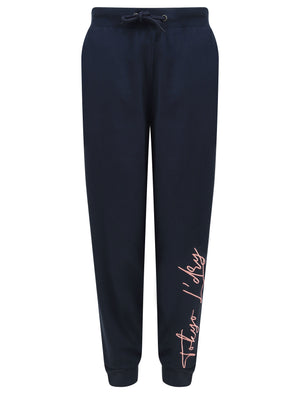 Cristo Embroidered Brushback Fleece Cuffed Joggers in Peacoat Blue - Tokyo Laundry