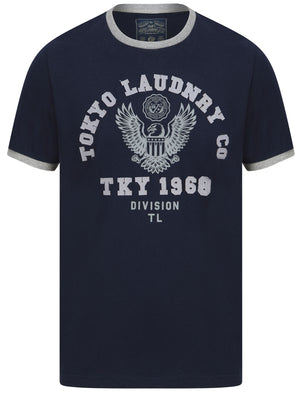 Division Motif Cotton Jersey Ringer T-Shirt In Sky Captain Navy - Tokyo Laundry