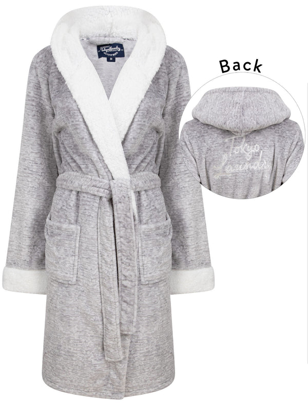 Women's Godalming Soft Fleece Tie Robe Dressing Gown with Borg Lined Hood & Trims in Grey- Tokyo Laundry
