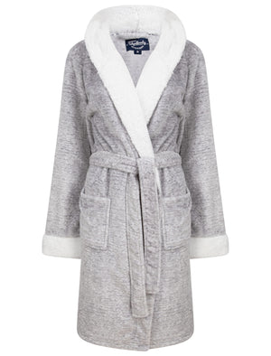 Women's Godalming Soft Fleece Tie Robe Dressing Gown with Borg Lined Hood & Trims in Grey- Tokyo Laundry
