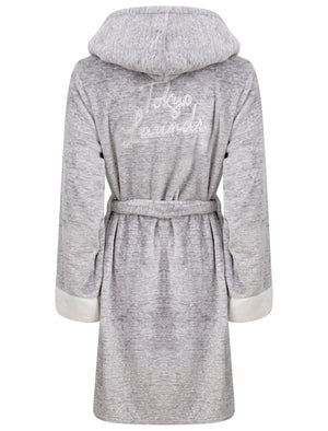 Women's Godalming Soft Fleece Tie Robe Dressing Gown with Borg Lined Hood & Trims in Grey- Tokyo Laundry