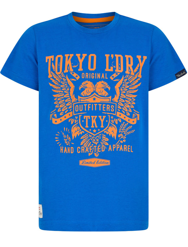 Boys Double Bird Motif Cotton T-Shirt in Victoria Blue - Tokyo Laundry Kids
