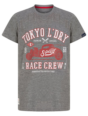 Boys Race Crew Motif Cotton T-Shirt in Mid Grey Marl - Tokyo Laundry Kids