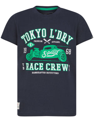 Boys Race Crew Motif Cotton T-Shirt in Sky Captain Navy - Tokyo Laundry Kids