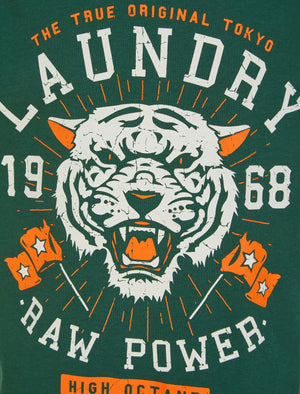 Boys Raw Power Motif Cotton T-Shirt in Dark Green - Tokyo Laundry Kids