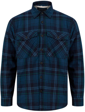 Kotka Borg Lined Cotton Flannel Checked Overshirt Jacket in Blue Check - Tokyo Laundry
