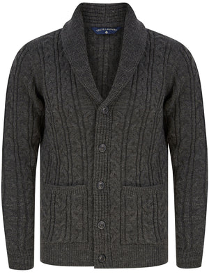 Manji Cable Knitted Wool Blend Cardigan with Shawl Collar In Charcoal Marl - Tokyo Laundry