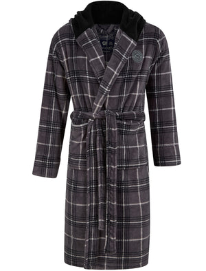 Men's Ramsden Plaid Design Soft Fleece Dressing Gown with Hood in Grey Check - Tokyo Laundry