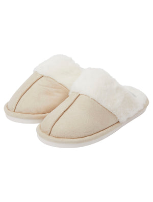 Rio Faux Suede Mule Slippers with Faux Fur Lining & Trim in Beige - Tokyo Laundry