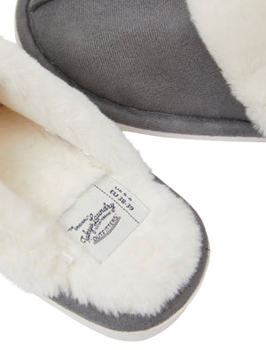 Rio Faux Suede Mule Slippers with Faux Fur Lining & Trim in Grey - Tokyo Laundry