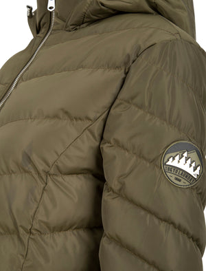 Safflower 2 Longline Quilted Puffer Coat with Hood In Khaki - Tokyo Laundry