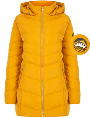 Safflower 2 Longline Quilted Puffer Coat with Hood In Old Gold - Tokyo Laundry