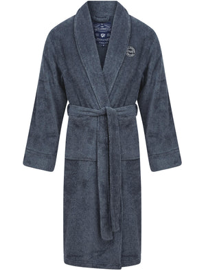 Sandhurst Textured Soft Fleece Dressing Gown with Tie Waist in Navy & Grey - Tokyo Laundry