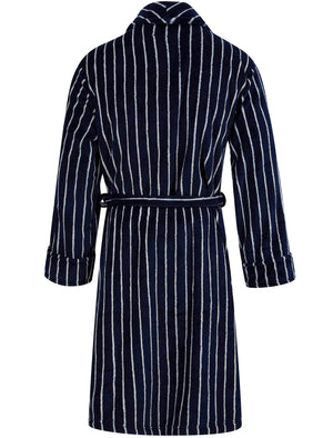 Men's Towncraft Striped Soft Fleece Dressing Gown with Tie Belt in Navy - Tokyo Laundry