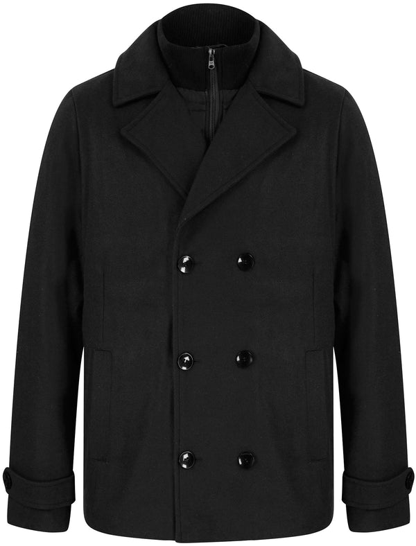 Uxmal Double Breasted Wool Look Pea Coat with Quilted Mock Insert in Black - Tokyo Laundry