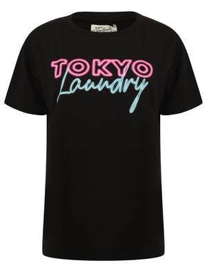 Galilea Neon Lettering Motif Cotton Jersey T-Shirt in Jet Black - Tokyo Laundry