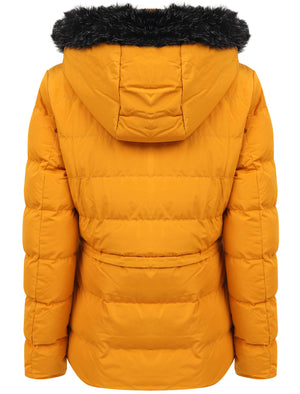 Jasmin Quilted Puffer Jacket With Faux Fur Trim Hood In Old Gold - Tokyo Laundry