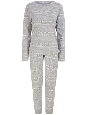 Women's Vega Repeat Reindeer Fairisle Print 2PC Cotton Lounge Pyjama Set in Light Grey Marl - Merry Christmas