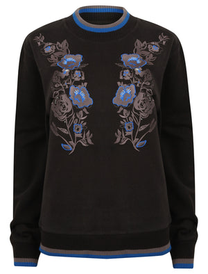 Bluebell Floral Rose Embroidered Sweatshirt in Jet Black - Tokyo Laundry