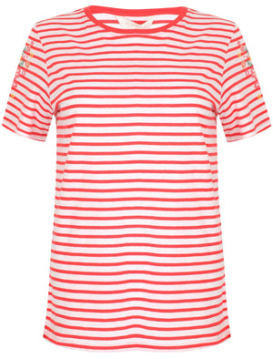 Nina Floral Print Striped Cotton T-Shirt In Red / White - Amara Reya