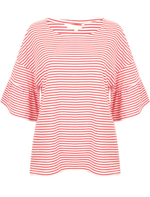 Piper Striped Cotton T-Shirt with Frill Sleeves In Red - Amara Reya