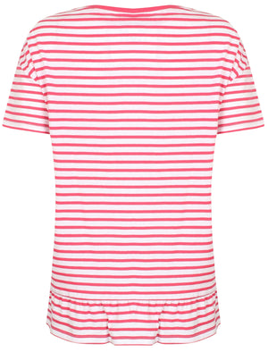 Topaz Striped Frill Hem Cotton T-Shirt In Carmine - Amara Reya