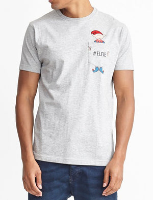 Elfie Novelty Christmas T-Shirt with Chest Pocket In Light Grey Marl