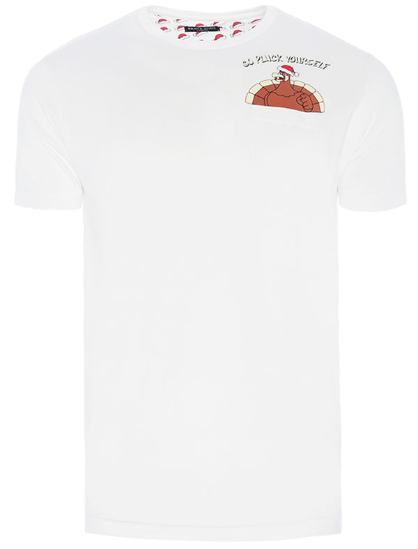 Turkey Pluck Yourself Novelty Christmas T-Shirt with Chest Pocket In White