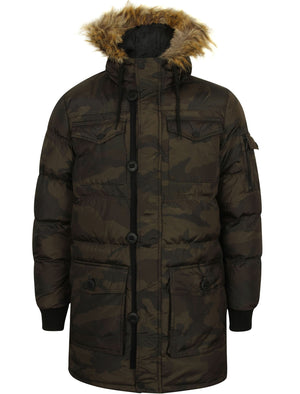 Canton Quilted Puffer Coat With Fur Trim Hood In Khaki Camo - Dissident