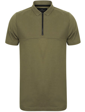 Ligett Textured Polo Shirt with Zip Collar In Olive Khaki - Dissident
