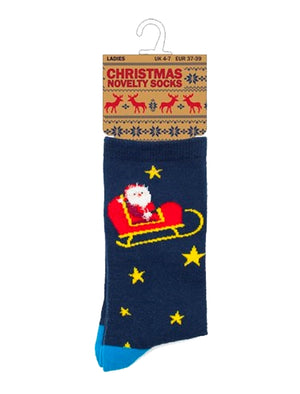 Ladies Estella Santa's Sleigh Novelty Christmas Socks in Navy